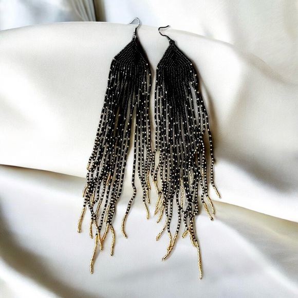 Dramatic Black and Gold Hand Beaded Cascade Earrings - Picture 14 of 16